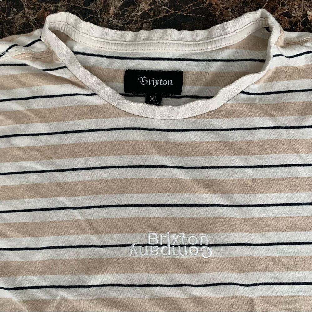 Brixton Striped T Shirt Mens XL Beige White Black Short Sleeve Logo Casual